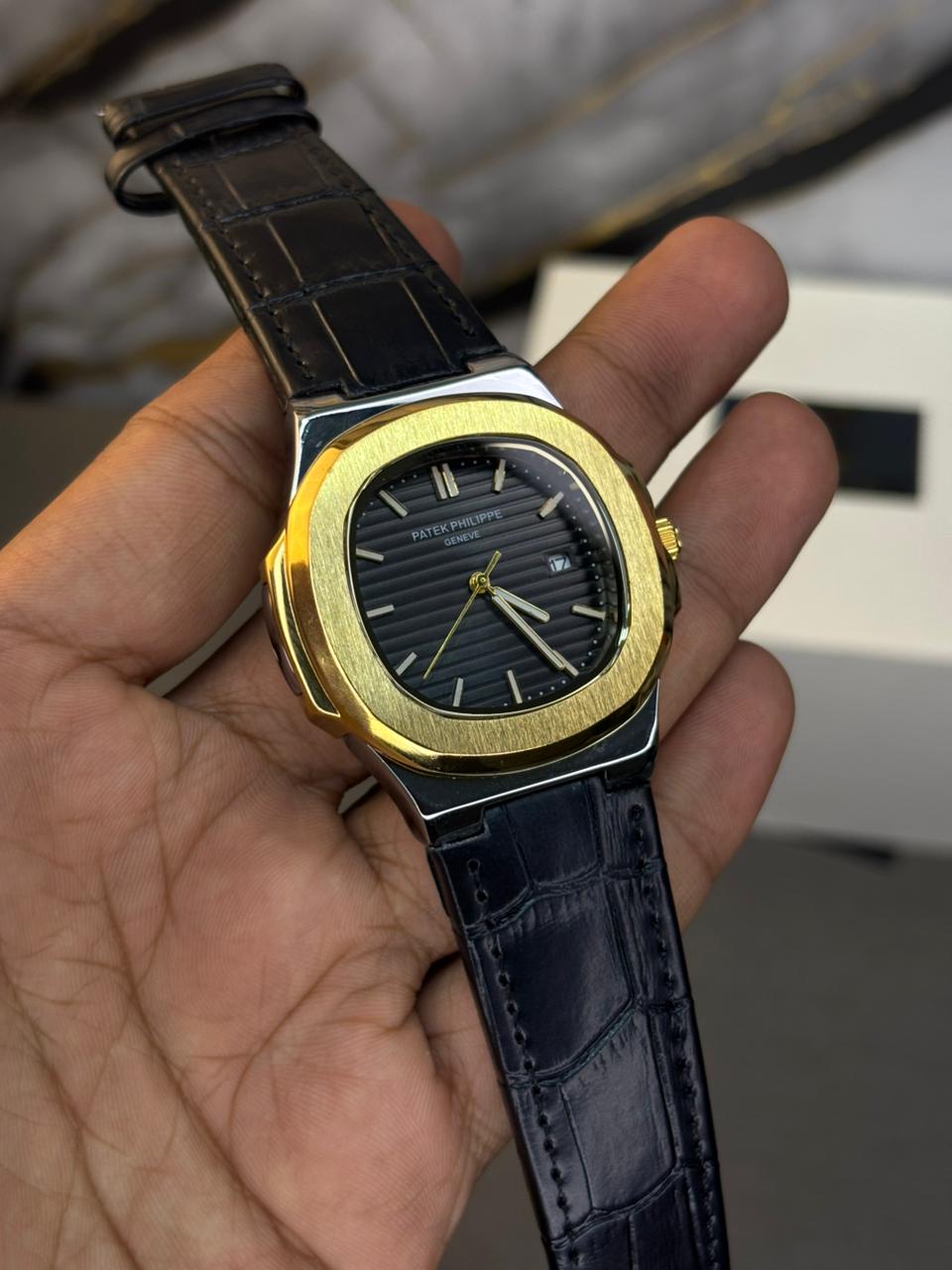 Patek Nautilus Leather Strap Master Lock - TwoTone Black