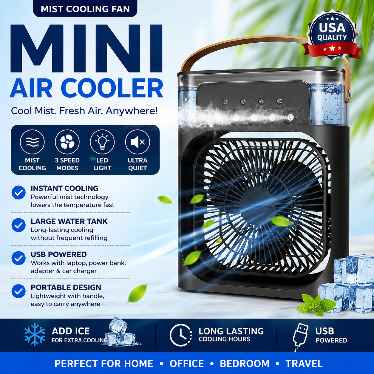 Mist Cooling Fan - Mini Air Cooler | USA Quality